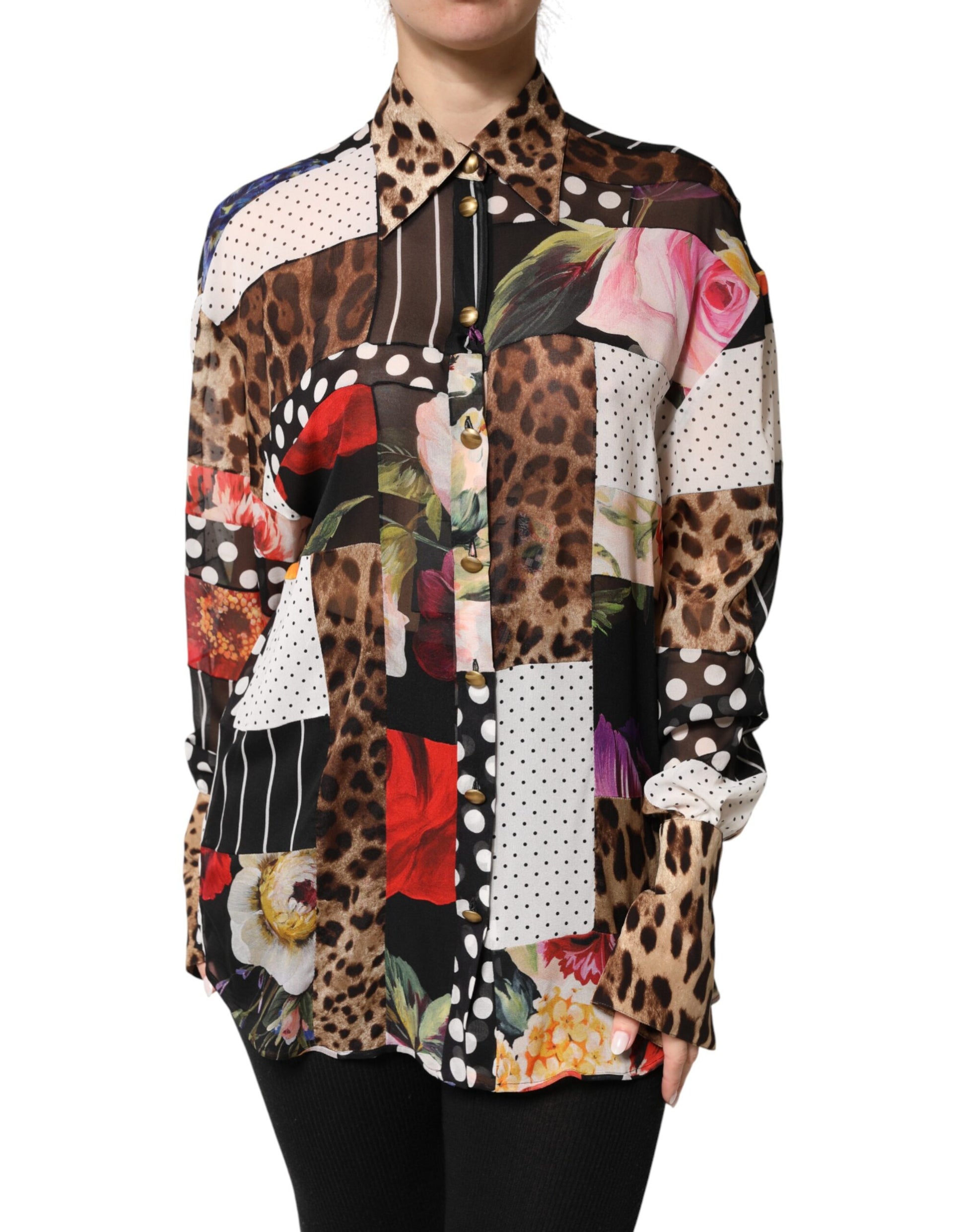Chemisier col à patchwork de soie multicolore Dolce & Gabbana