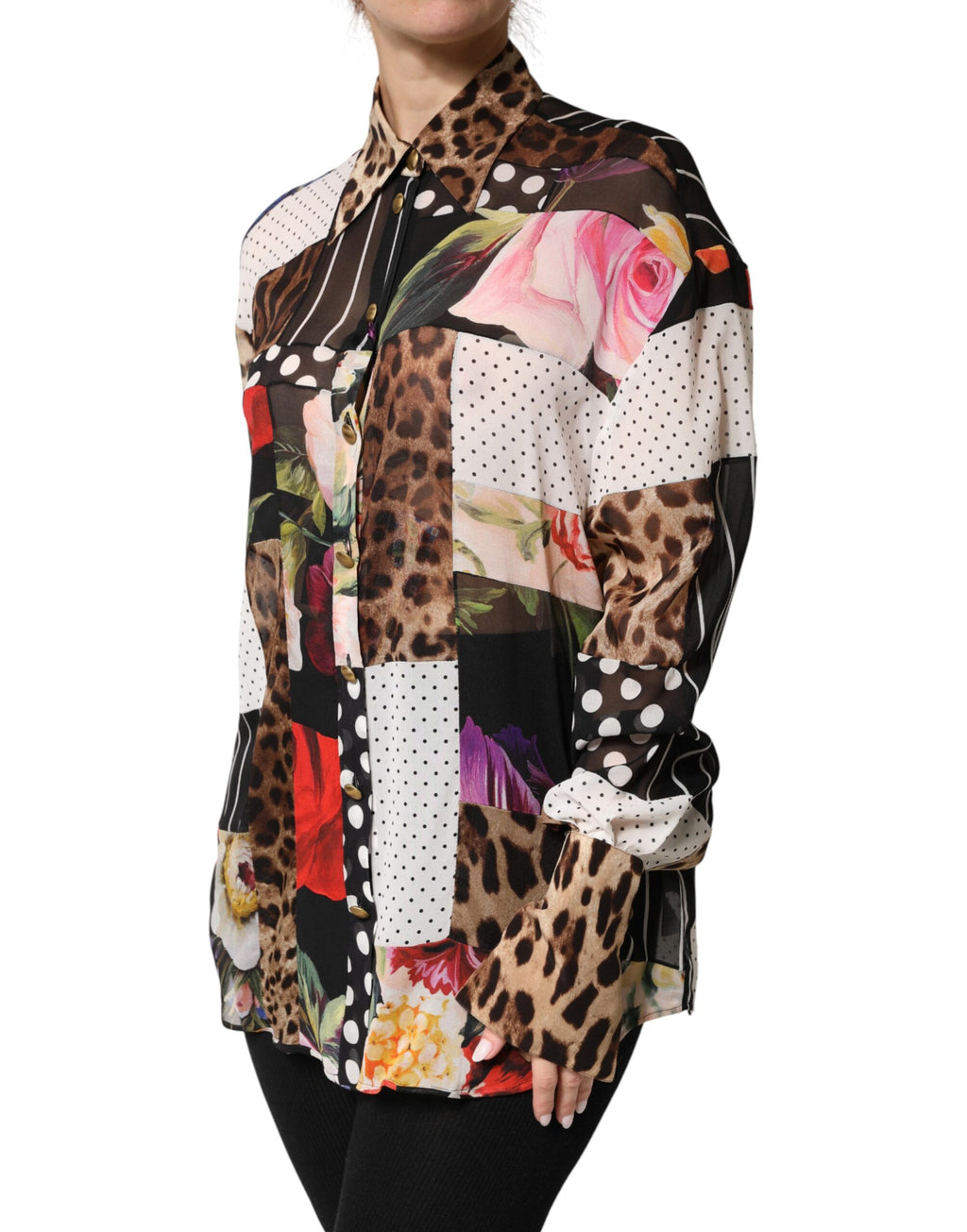 Chemisier col à patchwork de soie multicolore Dolce & Gabbana