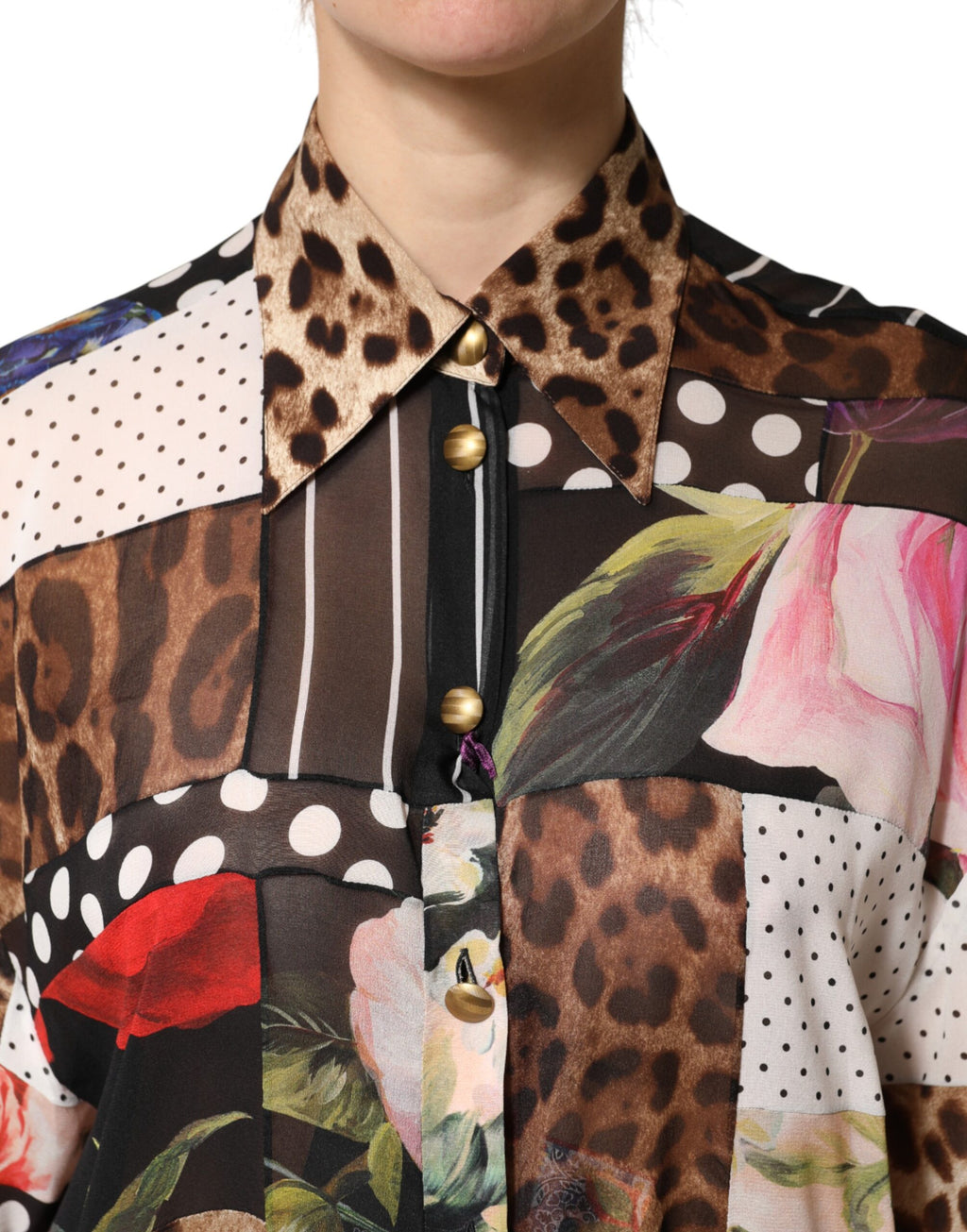 Chemisier col à patchwork de soie multicolore Dolce & Gabbana