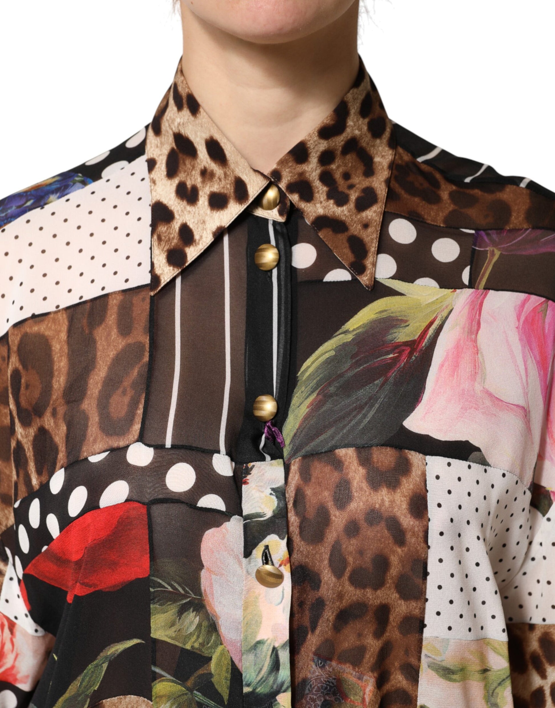Chemisier col à patchwork de soie multicolore Dolce & Gabbana