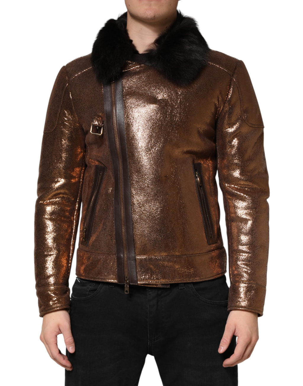 Blouson de motard Dolce & Gabbana en cuir bronze et fourrure pour homme, entièrement zippé