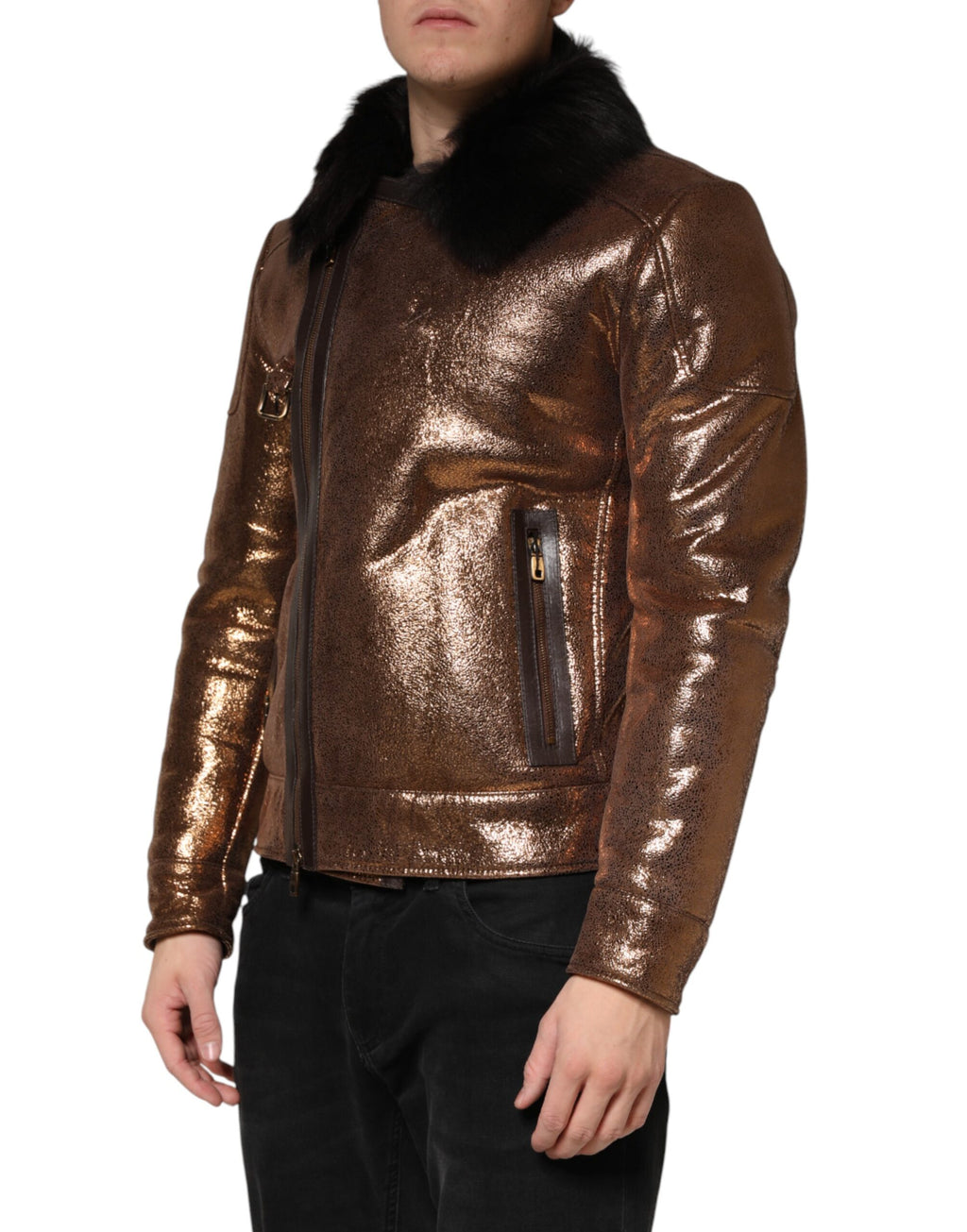 Blouson de motard Dolce & Gabbana en cuir bronze et fourrure pour homme, entièrement zippé