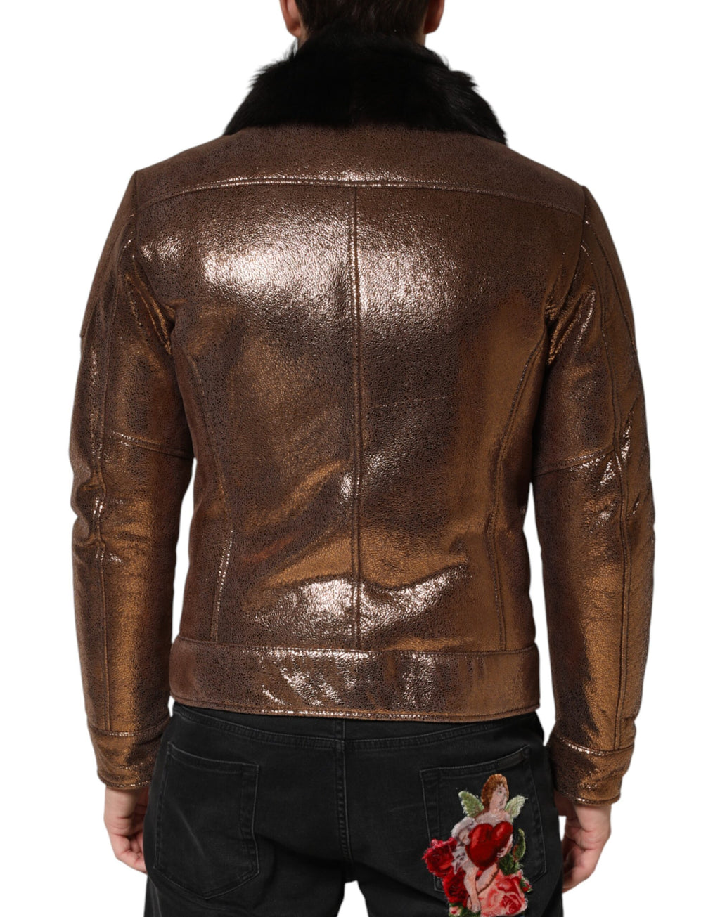 Blouson de motard Dolce & Gabbana en cuir bronze et fourrure pour homme, entièrement zippé