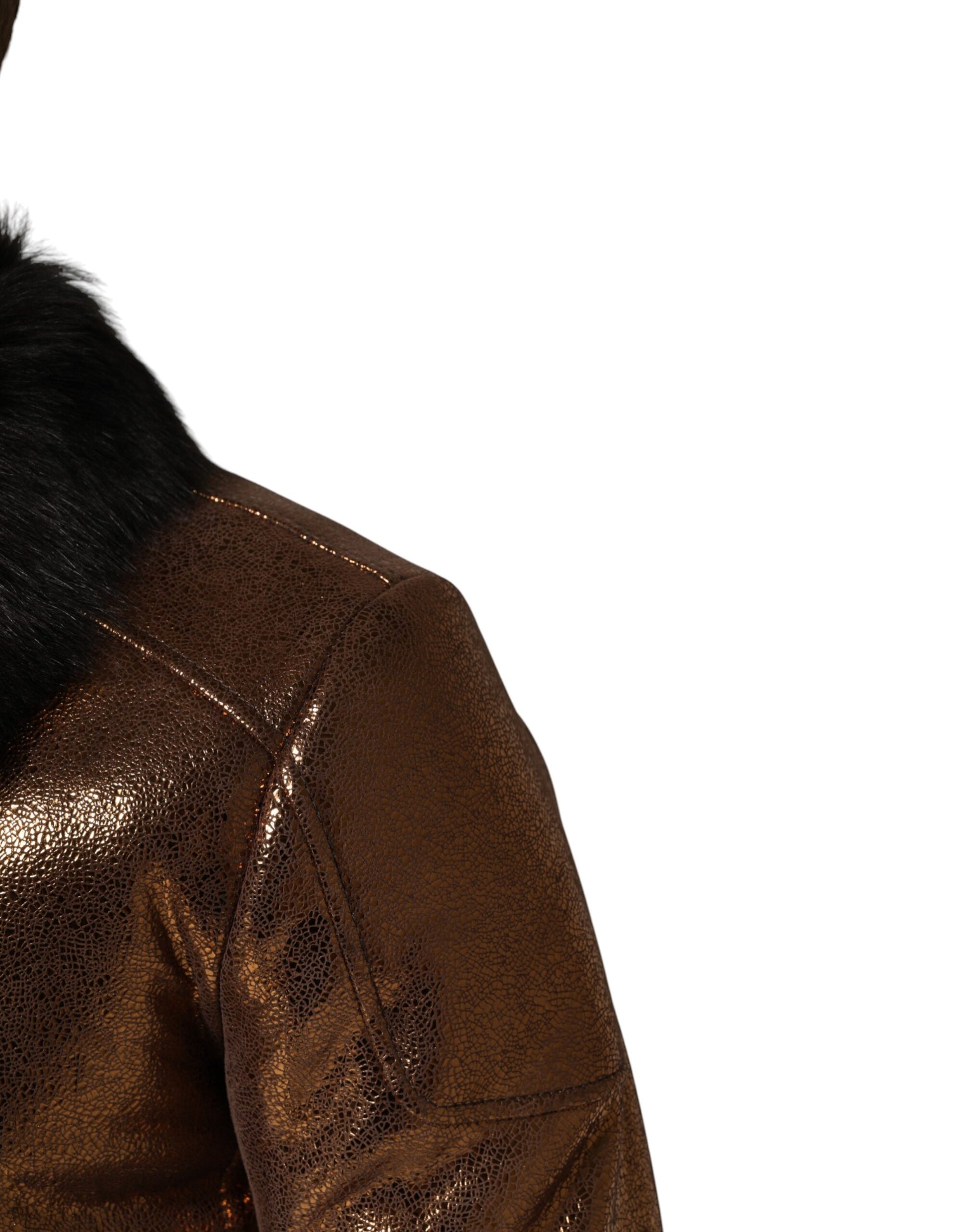 Blouson de motard Dolce & Gabbana en cuir bronze et fourrure pour homme, entièrement zippé
