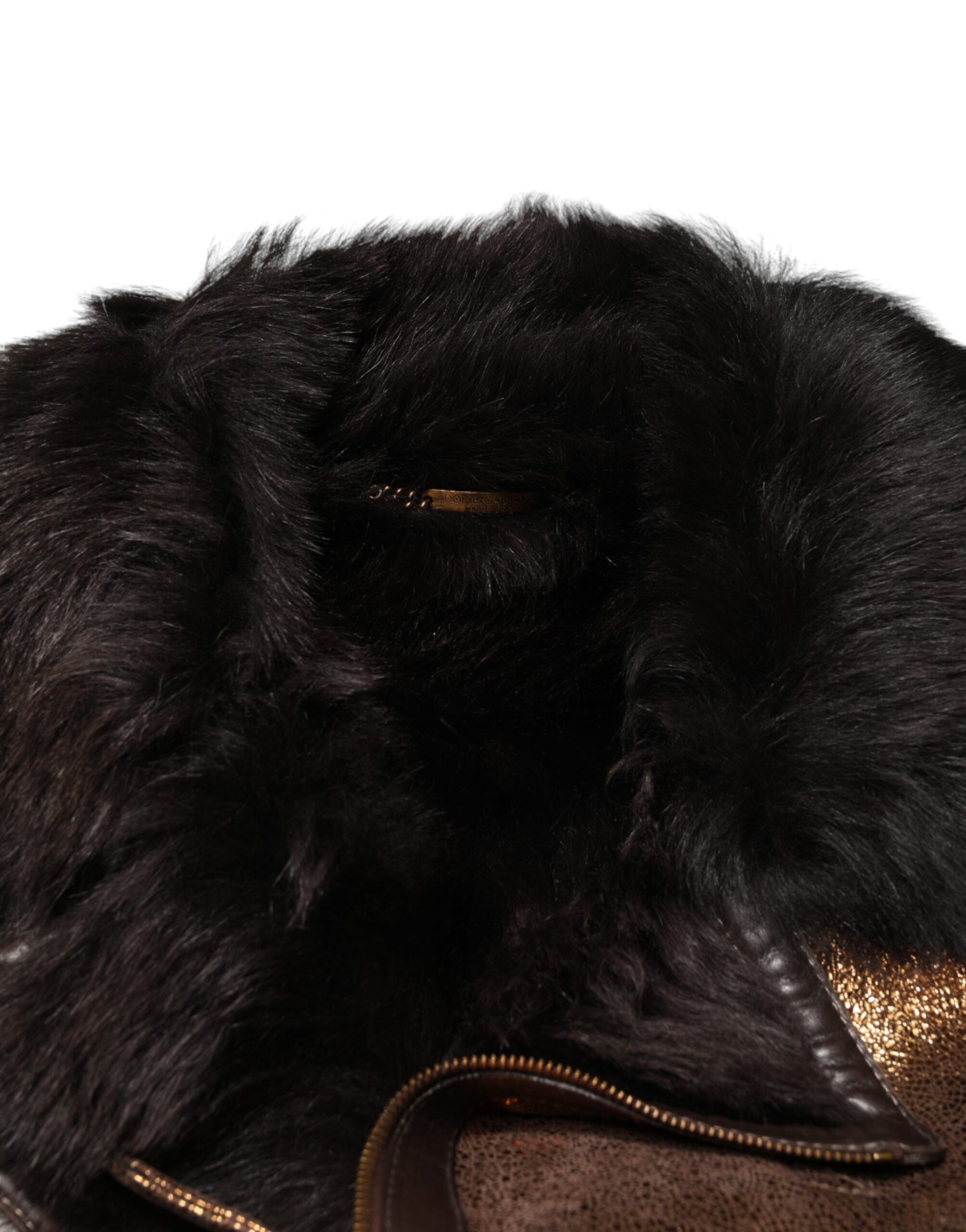 Blouson de motard Dolce & Gabbana en cuir bronze et fourrure pour homme, entièrement zippé